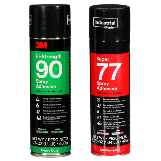Bundle of 3M Hi-Strength 90 Spray Adhesive, Permanent + 3M Super 77 Multipurpose Permanent Spray Adhesive Glue, Paper, Cardboard, Fabric, Plastic, Metal, Wood