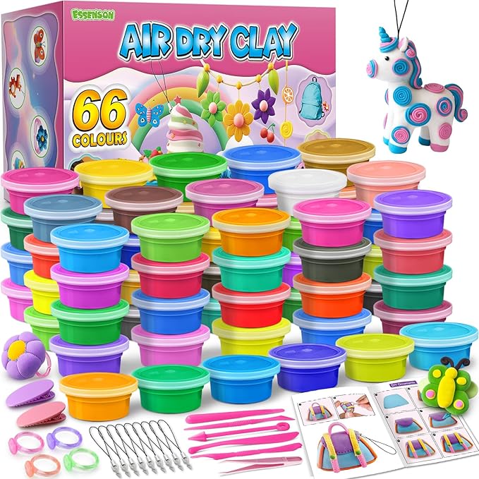 ESSENSON Air Dry Clay Kit, 66 Colors Modeling Magic Clay DIY Jewelry Making, Crafts School Projects, Ideal Party Favors Craft Gift for Kids