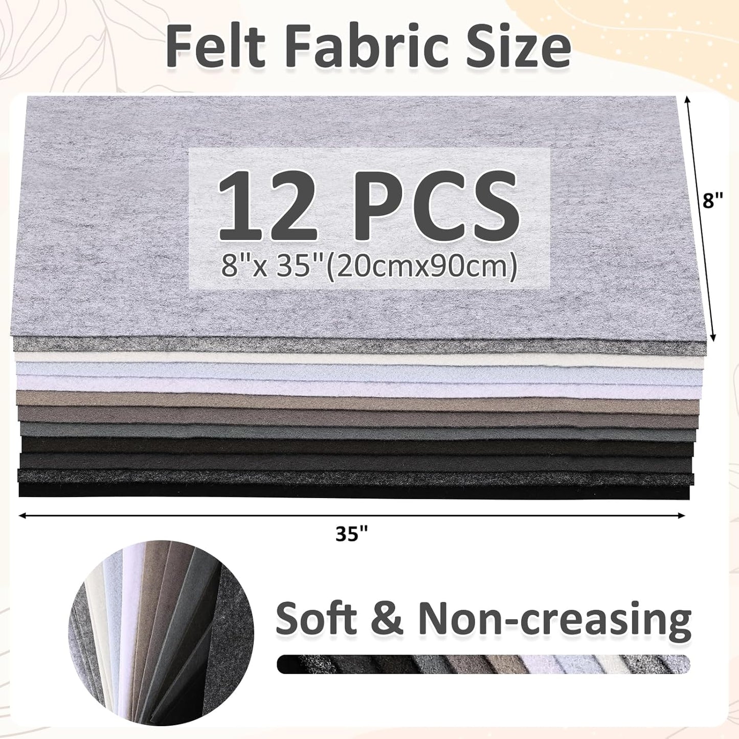 XSEINO 12 Rolls 8"x35"(20.5x90cm) 1.4mm Thick Soft Felt Fabric Sheet 12 Assorted Black White Gray Series Colors Felt Pack for DIY Craft Sewing Squares Nonwoven Patchwork