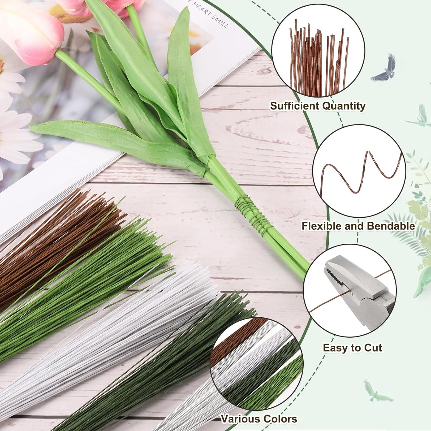 PATIKIL 32 Inch 22 Gauge Floral Stem Wire, 3 Pack/120 Pieces Bouquet Stem Paper Wrapped for DIY Crafts Flower Arrangements, Coffee