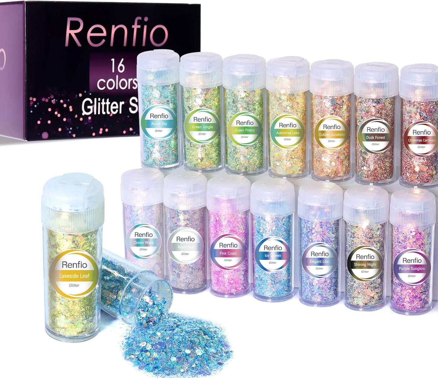 Renfio Opal Chunky Glitter Set - 16 Dreamy Amber Colors, 10g Each - Holographic Fine Glitter Mix, Iridescent Flakes for Snow Globe, Tumbler, Nail Art & DIY Crafts