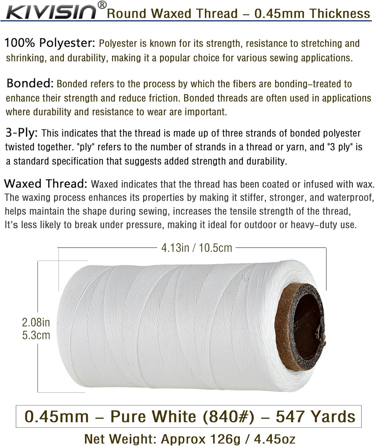 Thin Wax Polyester Thread, 0.45mm, 547 Yards, 3 Ply Round Waxed Cord Strings for Sewing, Beading, Binding, Micro Braiding, Fine Leather Craft and Micro Macrame Jewelry - White