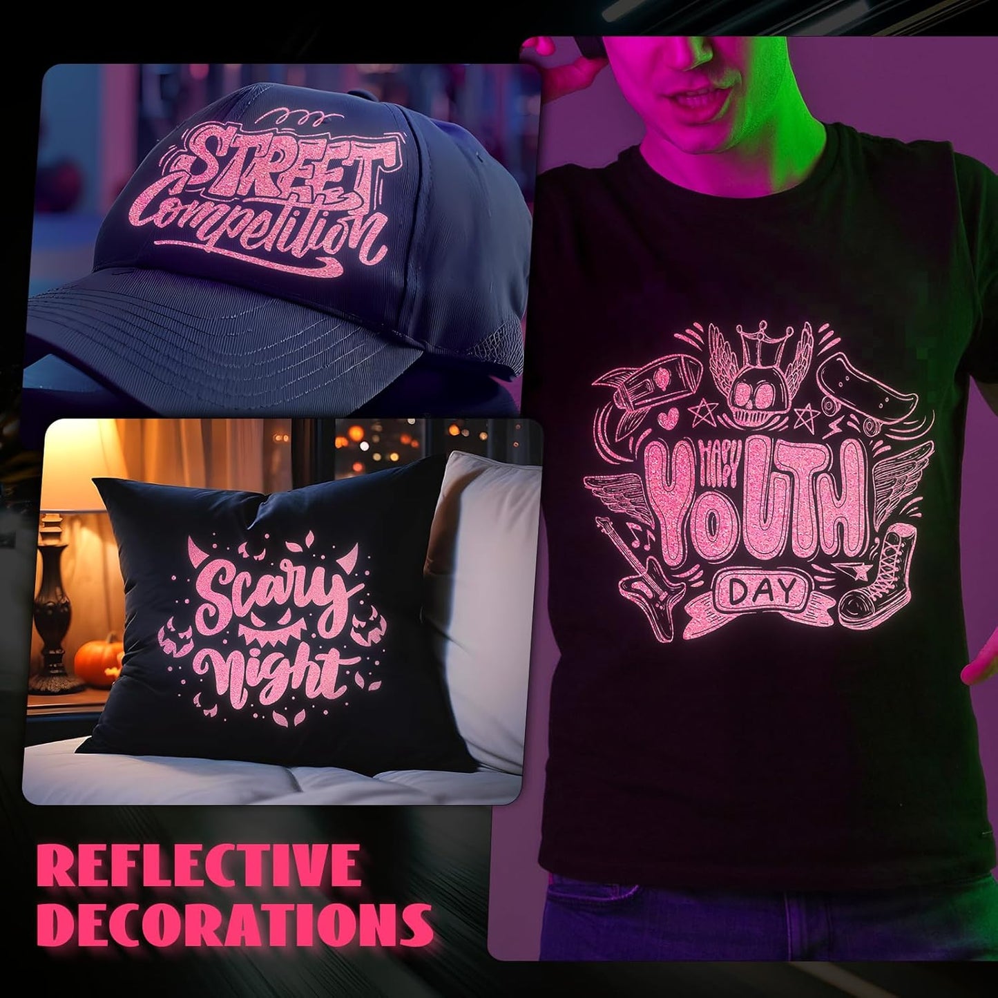 GIRAFVYINL Hot Pink Reflective Iron on Vinyl, Reflective HTV Pink Neon Heat Transfer Vinyl for DIY T-Shirts, Fabric