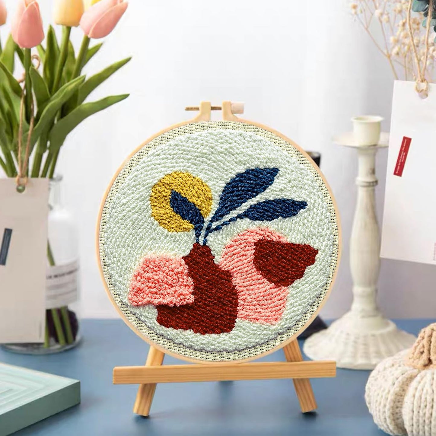 Anidaroel 4 Sets Punch Needle Kit, Punch Needles Kits for Adults Beginner, Needle Punch Kit, Punch Needle Tool with Stamped Fabric, Hoops, Yarns and Sewing Needle