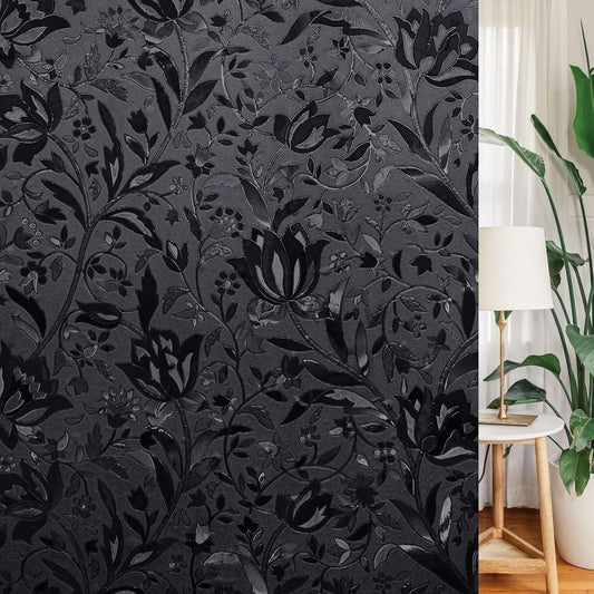 LEMON CLOUD Total Blackout Window Film Privacy Static Cling Frosted Black Window Covering 100% Opaque Film Tint Darkening Removable Film for High Privacy，(Blackout Tulip Design,17.5 x118.1 inches)