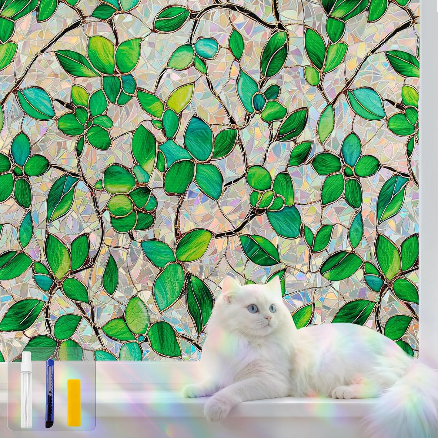 Stained Glass Window Privacy Film Decorative Rainbow Static Clings – Ideal for Home & Office, Adhesive-Free, Removable, UV-Blocking (Green Rainbow, 35.4 X 157.4 in)