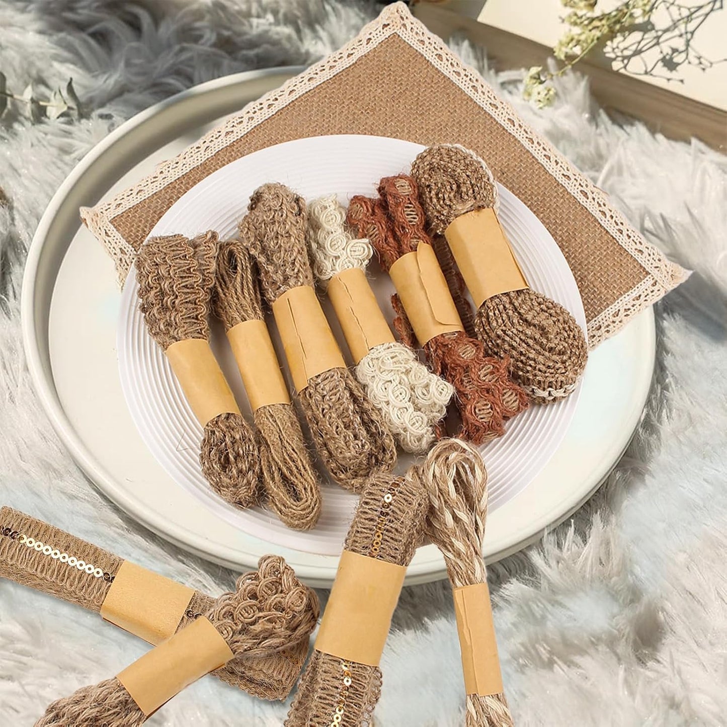 9 Rolls Natural Burlap Lace Ribbon Trim,18 Meters Jute Craft Ribbon for DIY Sewing,Rustic Wedding Decorations,Gift Wrapping&Party Supplies