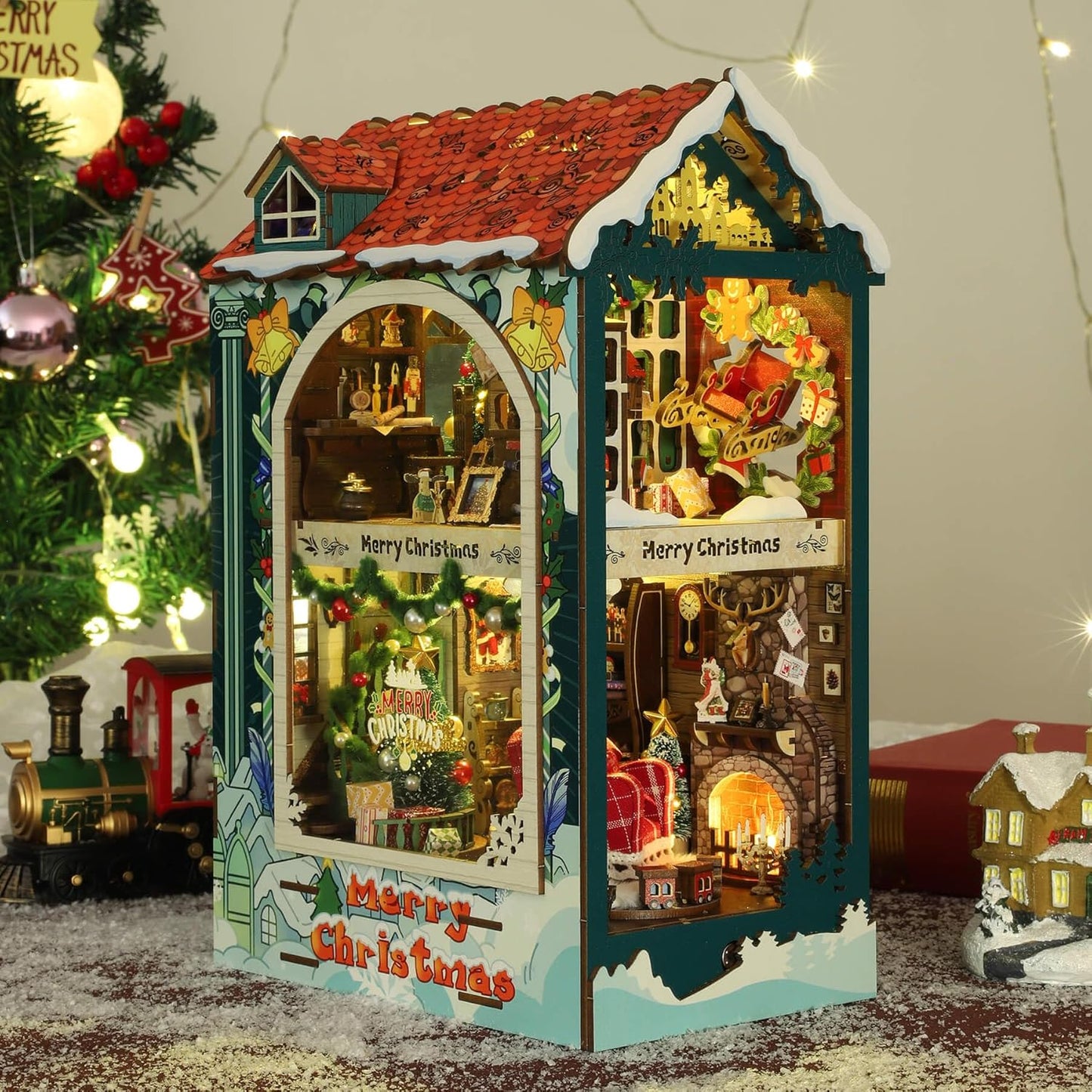 Christmas Book Nook Kit - DIY Miniature House Dollhouse Kit for Adults and Teens, Booknook Bookshelf Insert Christmas Decorations, Gifts for Family and Friends (Merry Christmas)