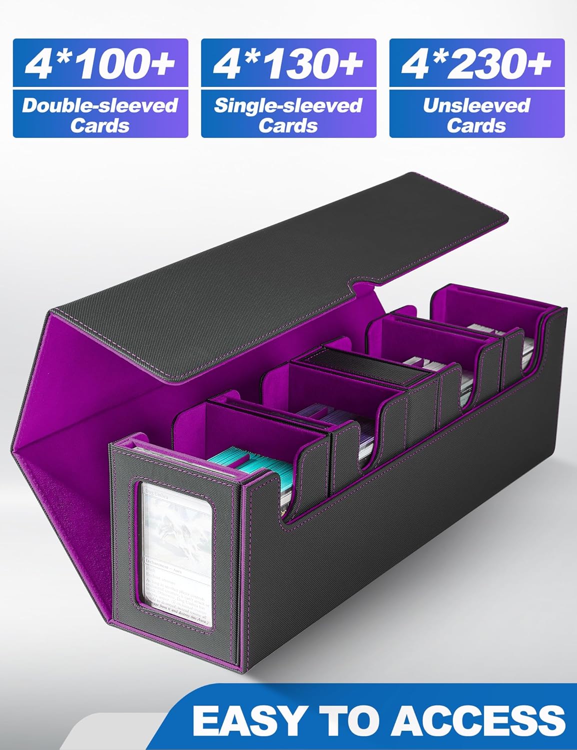 Card Deck Box for MTG with Commander Display, 5 in 1 Card Deck Case Holds 800+ Unsleeved Cards, Strong Magnet Organizer Compatible with Yugioh TCG Sports Cards (Black&Purple)