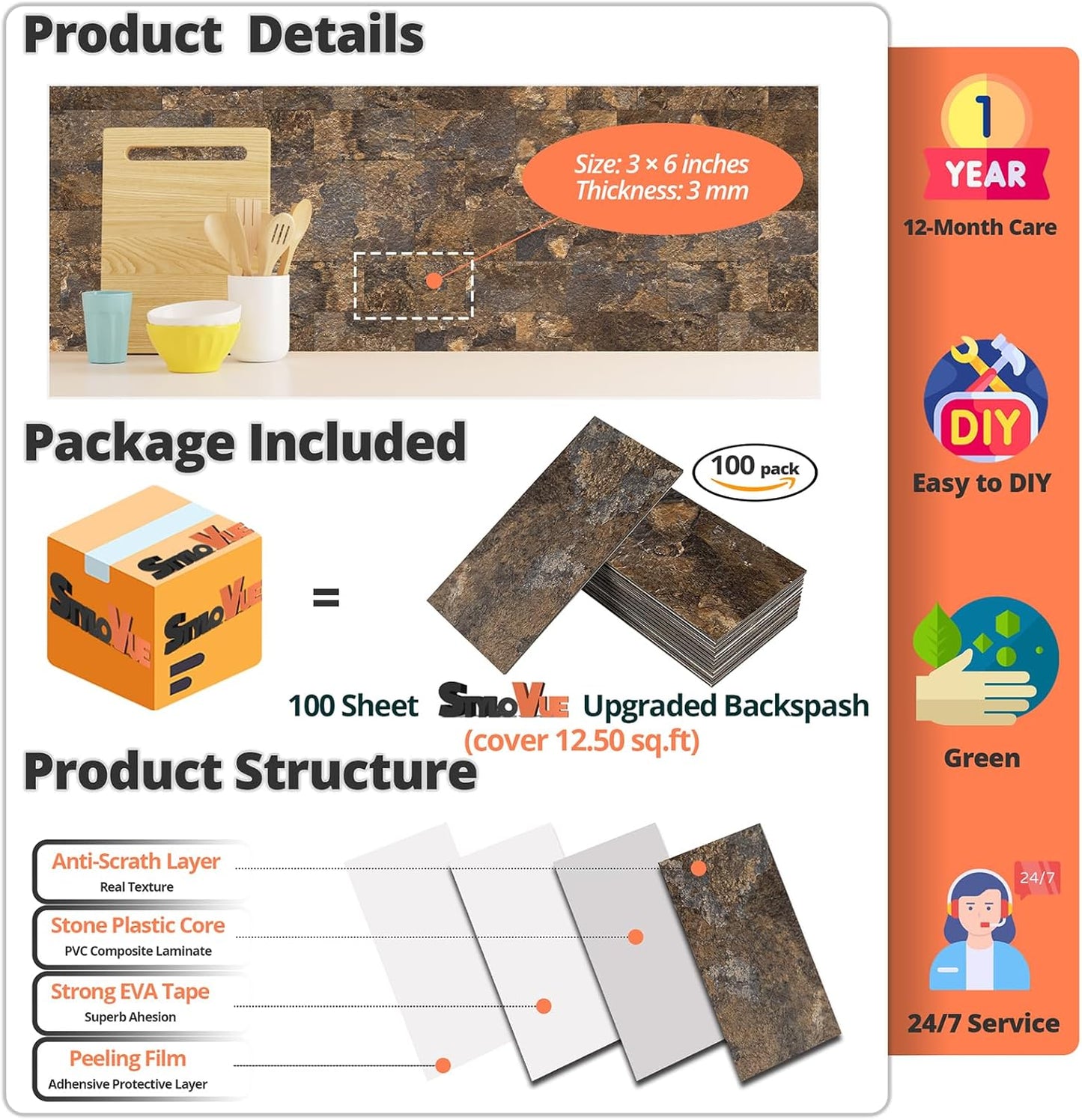 4 Pieces Peel and Stick Backsplash for Kitchen, 3" x 6" PVC Subway Tile 2024 Upgraded Rust Slate Backsplash Stick on Tile Elevate Kitchen, Bathroom, Fireplace,RV