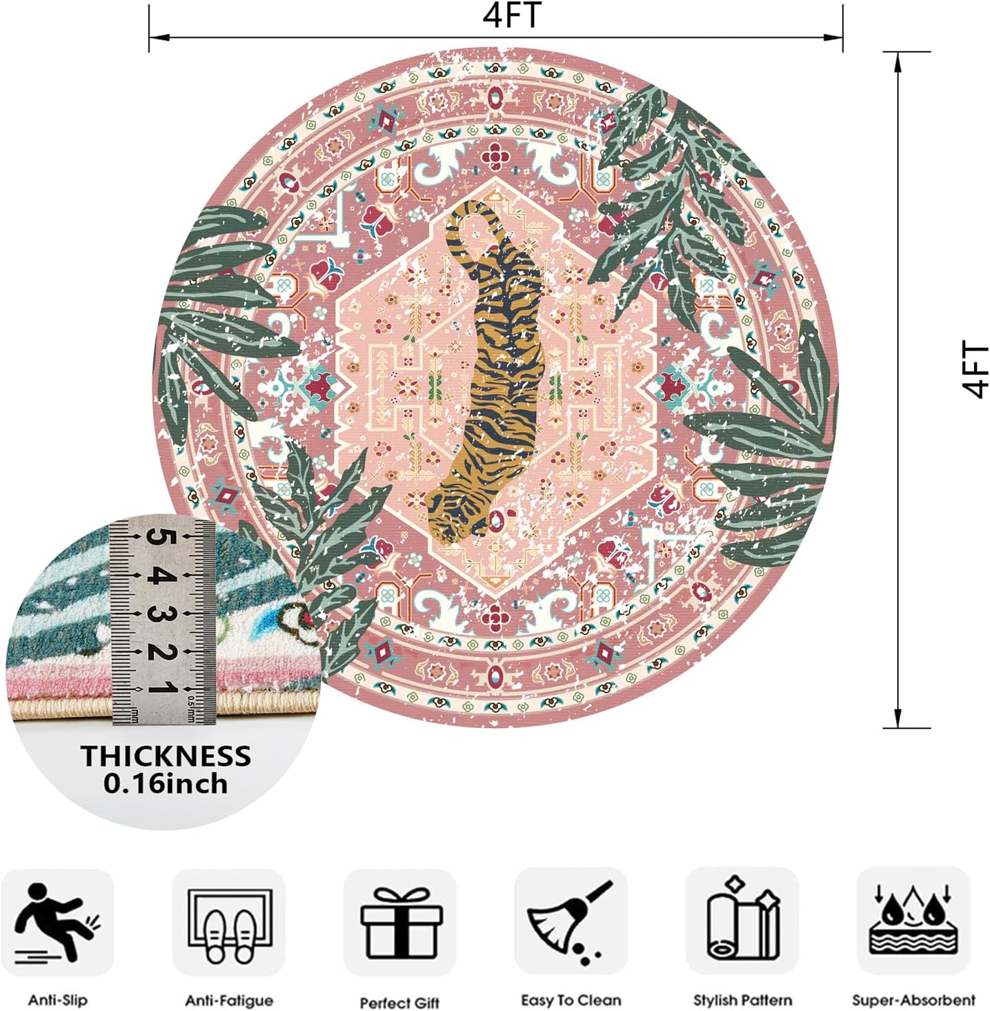 Washable Pink Rugs Thin Oriental Boho Vintage Cute Tropical Leopard 4ft Round Area Rugs for Bedroom Kitchen Dining Living Room Office Indoor Entryway Distressed Nursery Circle Carpet