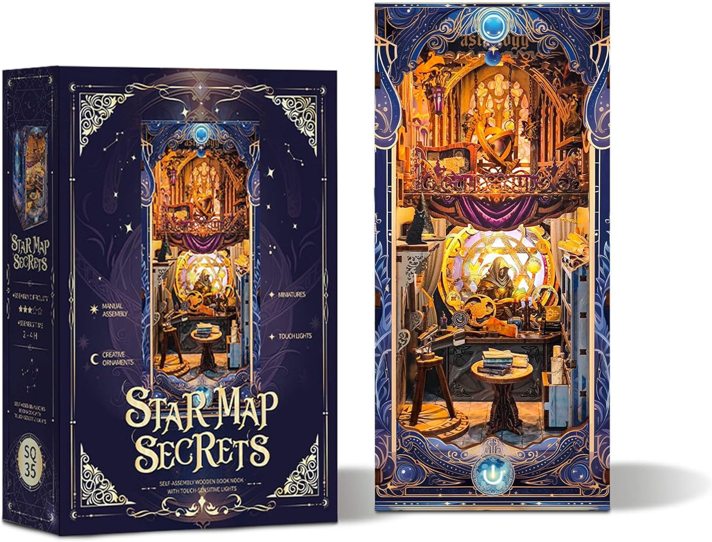 DIY Book Nook Kit, Miniature Dollhouse Booknook Kit, 3D Wooden Puzzle Bookend Bookshelf Insert Decor Diorama Kit with LED Light for Teens and Adults (Star Map Secrets)