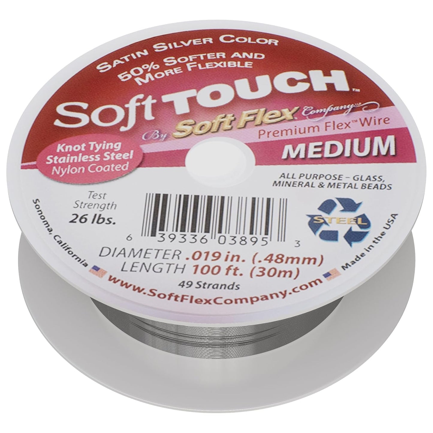 Soft Flex 49 Strand Stringing Wire - Flexible Braided - Medium 0.19 Diameter - Jewelry Making Bead Wire - Satin Silver