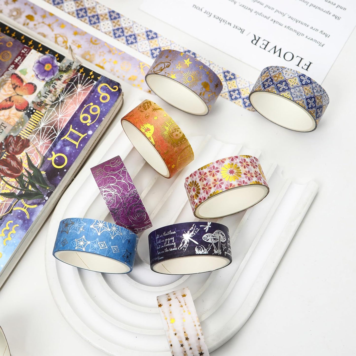 12 Rolls Charming Washi Tape Set Gold Silver Foil Detailing Arts Adhesive Tapes Basic Patterns Decorative Masking Tape Sets for Craft, Kids, Scrapbook, DIY, Gift Wrapping (Royal Splendor)