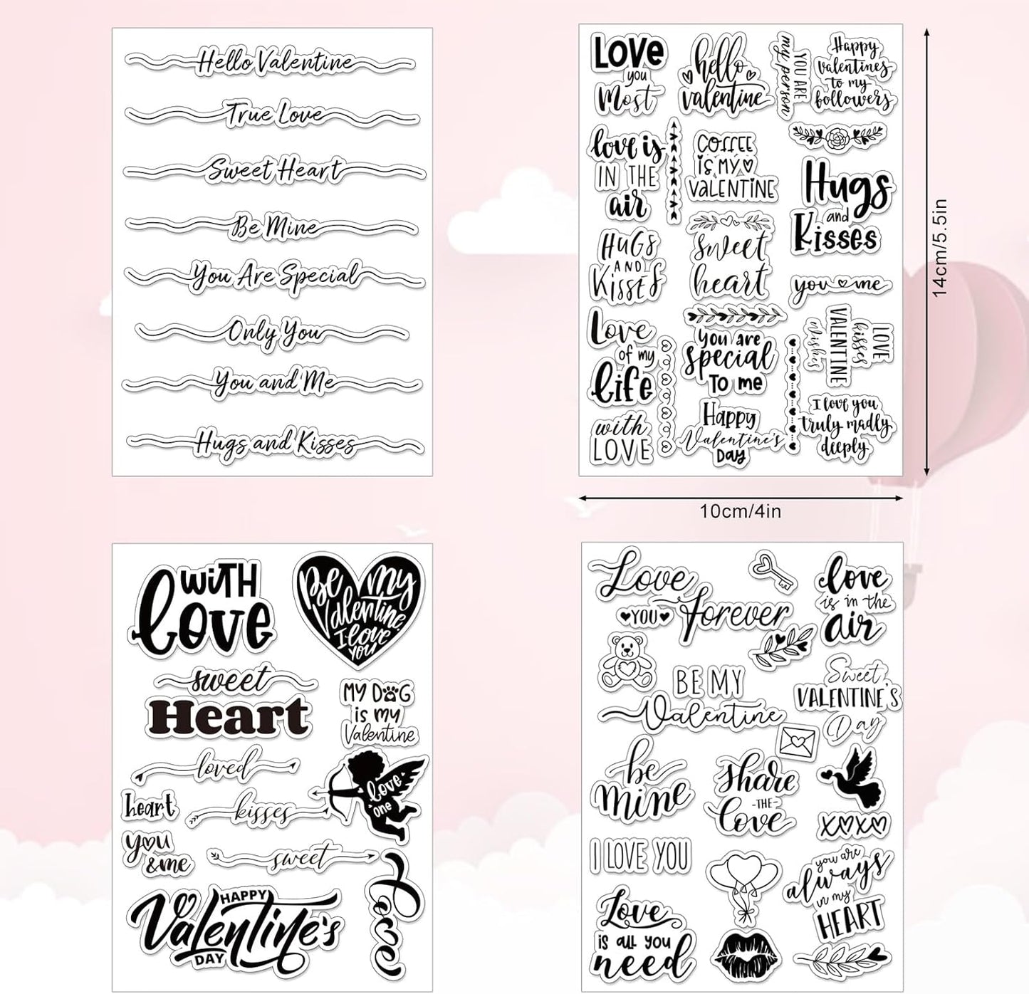 Whaline 4 Sheet Valentine's Day Words Clear Stamps Love Heart Silicone Transparent Stamps Border Stamp Cards for DIY Craft Card Making Scrapbooking Embossing Album Decor
