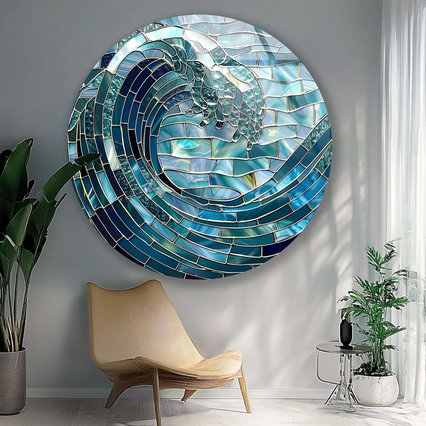 My Photostation.com 24''(60cm) Diameter Ocean Wave in Blue Mosaic Round Glass Wall Art Tempered Glass Printing Wall Decor Large Wall Art Wall Hangings