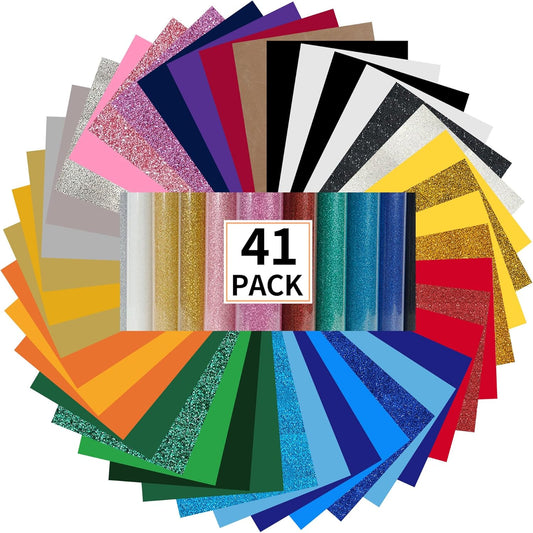 guangyintong HTV Heat Transfer Vinyl Bundle, 41 Pack 12" x 10" Iron on Vinyl for T-Shirt 31 Assorted Colors Clossy and Glitter HTV Vinyl for All Cutting Machine Easy to Cut & Weed
