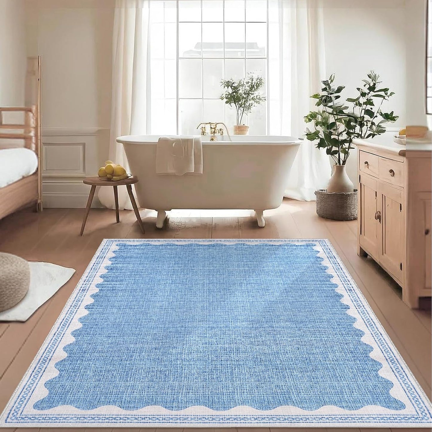 Scalloped 3x5 Rugs for Entryway, Small Area Rug Solid Blue Rug for Bedroom Girls, 3x5 Washable Rugs for Living Room, Non Slip Scalloped Bath Mat, Soft Dorm Nursery Carpet for Bedside