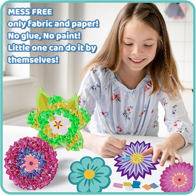 ATFUNSHOP 8 Packs Poke in Crafts Art Kits Flower Bouquets, Mess Free Kids' Paper Craft Kits Activity, 4 5 6 7 8 9 Years Old Girls Birthday Gifts