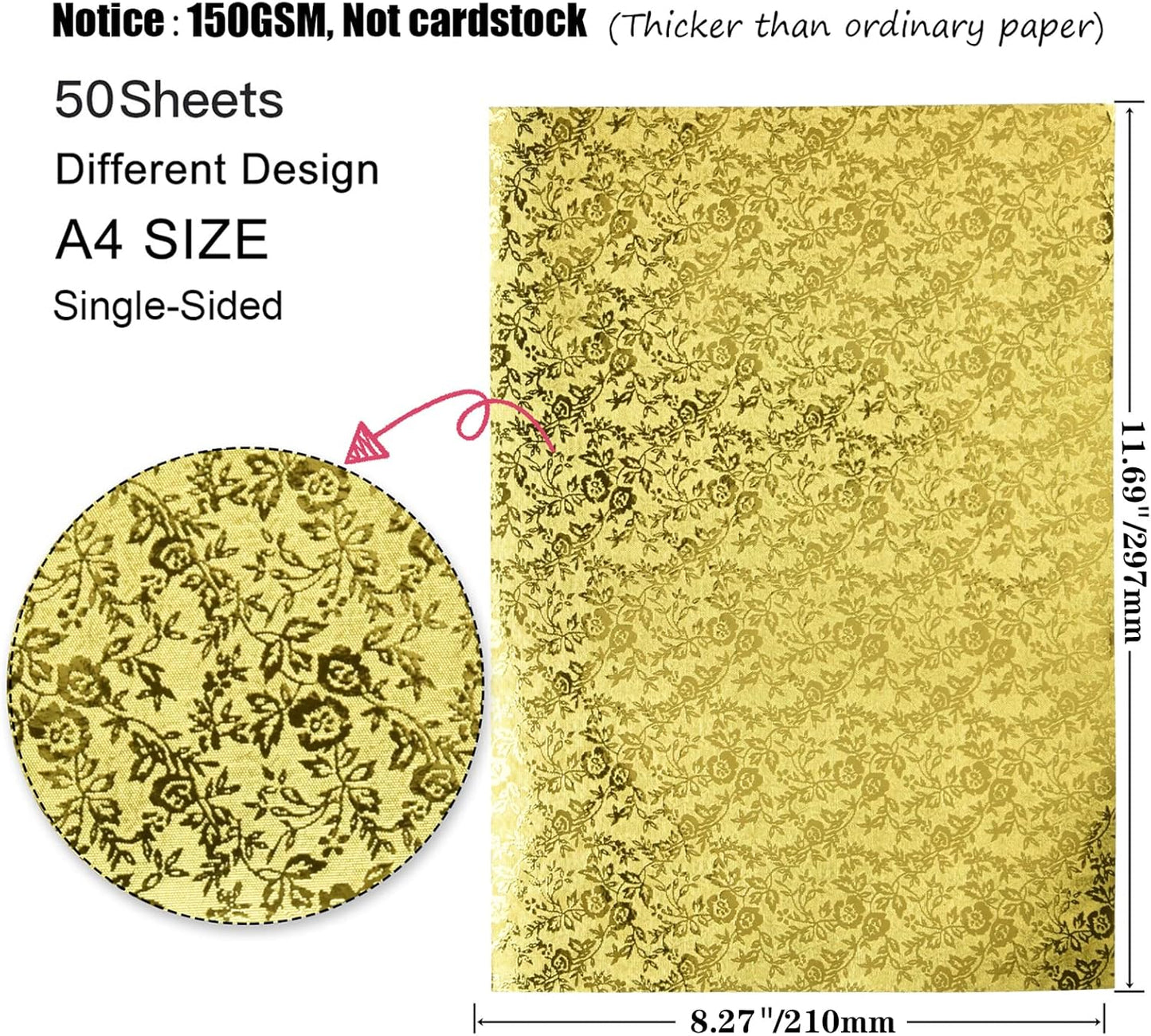 A4 Glitter Embossed Metallic Foil Paper Pack - 50 Sheets Assorted Colors & Designs Sparkly Holographic Premium Construction Paper for Gift Box Wrapping Birthday Party Scrapbook Paper