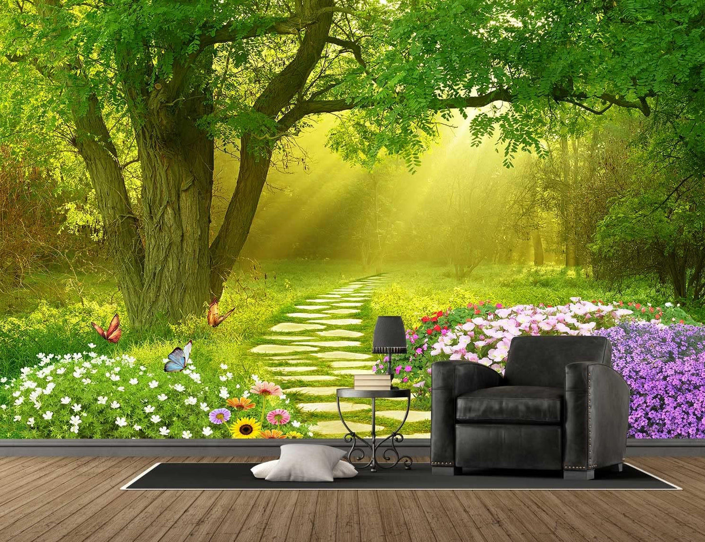 Forest Wallpaper Flower and Road in Forest Wall Mural for Bedroom Living Room TV Background Sofa Wall（Not Peel and Stick）