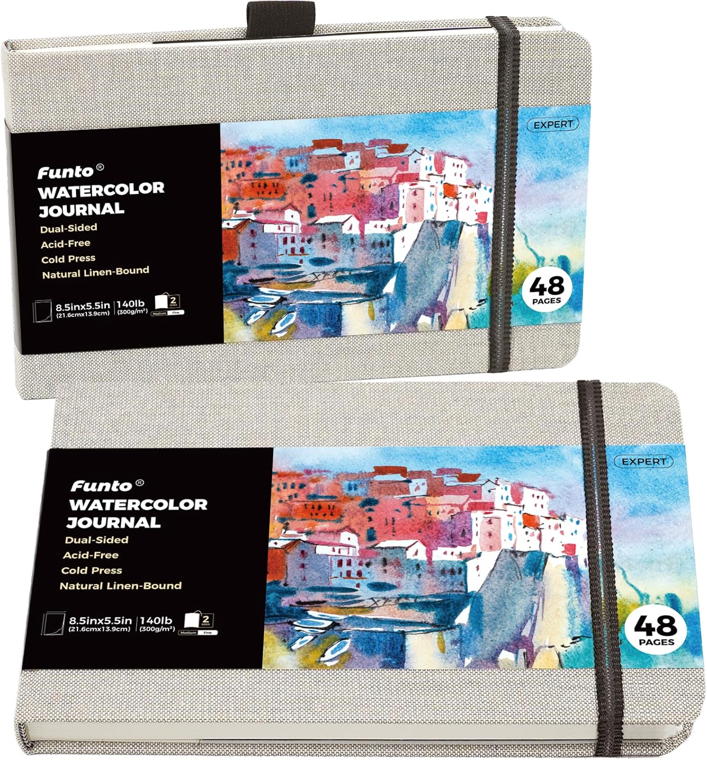 Funto Watercolor Journal, 8.5x5.5, 2 Pack, 48 Pages Each, Cold-Pressed, Inner Paper Pocket and Elastic Band, Art Supplies for Mixed Media