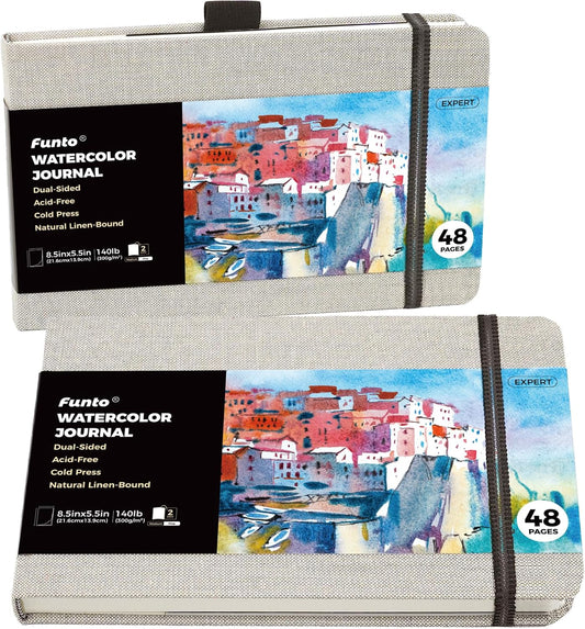 Funto Watercolor Journal, 8.5x5.5, 2 Pack, 48 Pages Each, Cold-Pressed, Inner Paper Pocket and Elastic Band, Art Supplies for Mixed Media