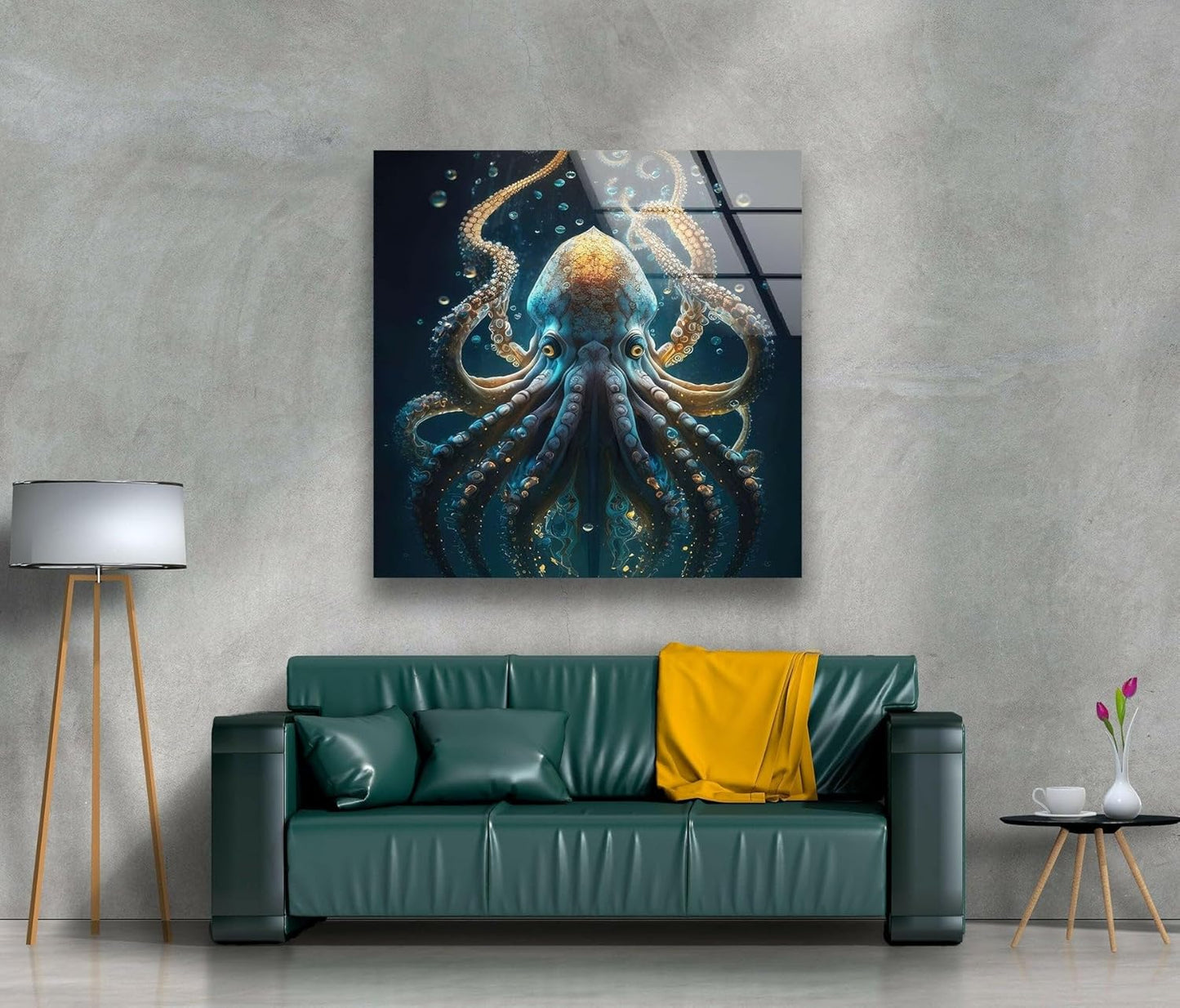 My Photostation.com 27Wx43H'' Underwater Blue Octopus Glass Wall Art Tempered Glass Printing Wall Decor Large Wall Art Wall Hangings