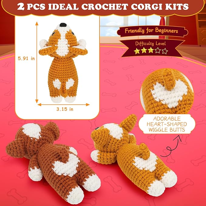 Fortuning's JDS Crochet Kit for Beginners, 2 Adorable Corgi Dog Crochet Animals Kits, Easy Beginner Crochet Kit for Adults & Kids, Women & Men, DIY Craft Knitting Kit with All Supplies