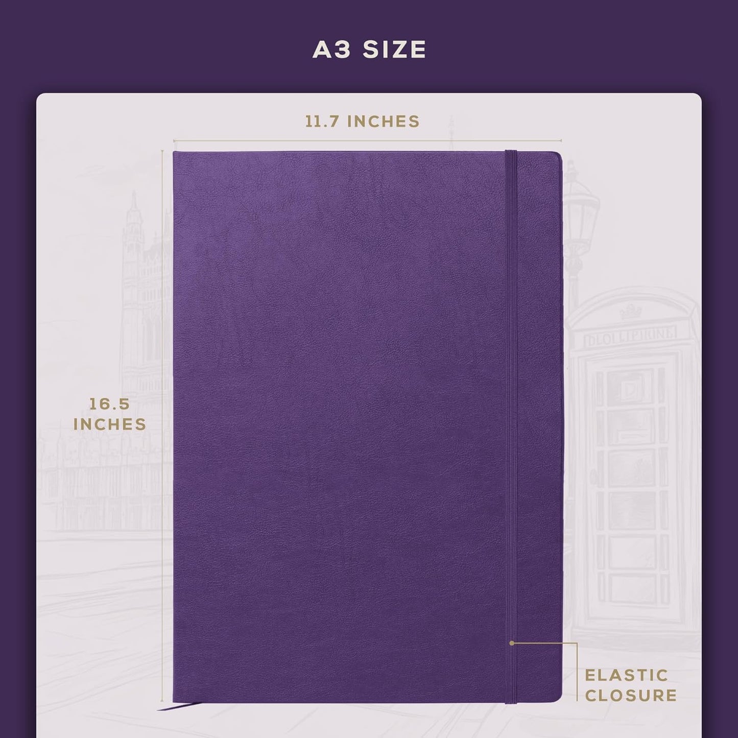 Beechmore Books A3 Sketchbook – 11.7x16.5 Premium Vegan Leather Bound Extra Large Sketch Book Hardcover, 160gsm 160 Perforated Ivory Pages, Blank Sketch Pad, Gift Boxed, Back Pocket, Ribbon Bookmark