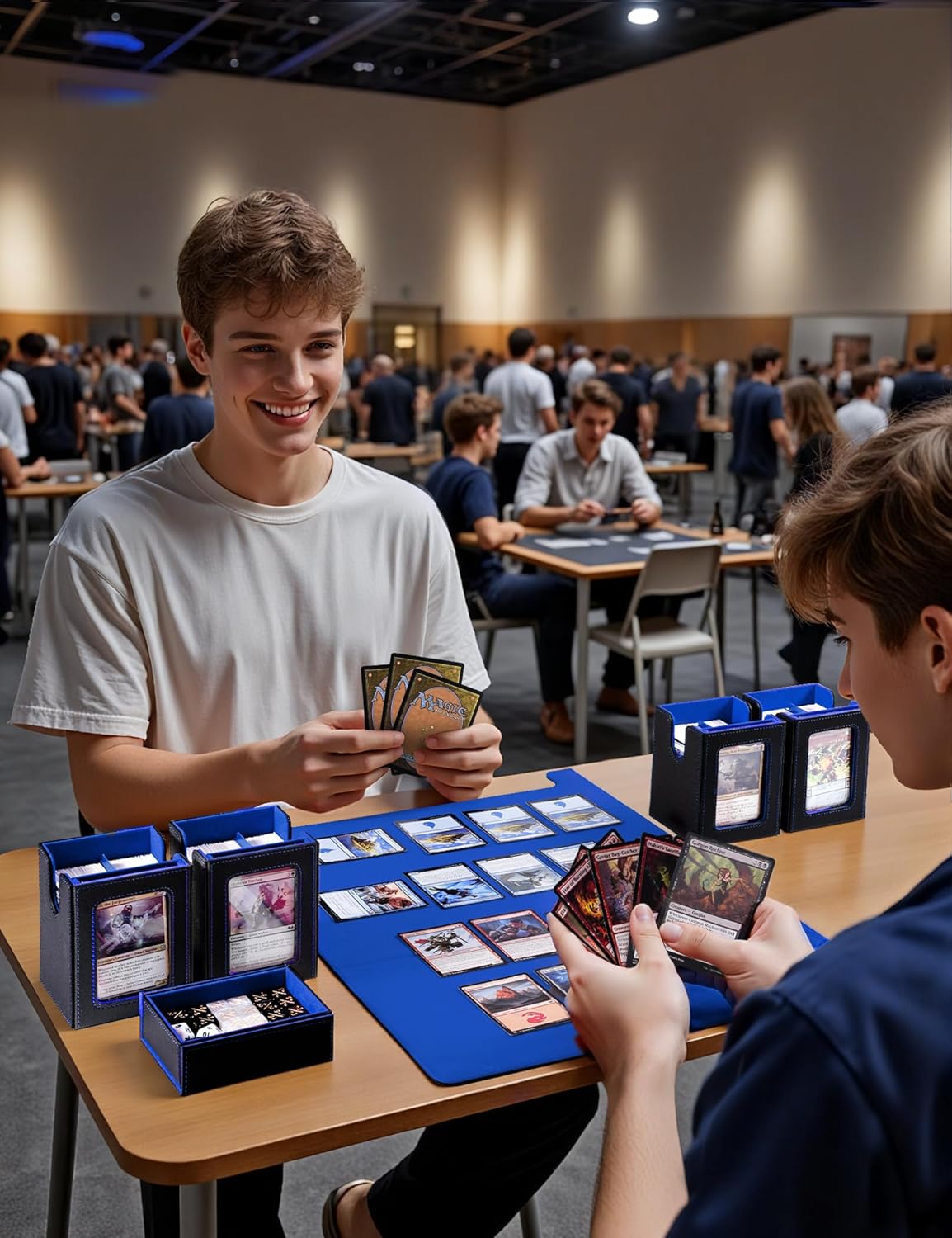Card Deck Box for MTG with Commander Display, 5 in 1 Card Deck Case Holds 800+ Unsleeved Cards, Strong Magnet Organizer Compatible with Yugioh TCG Sports Cards (Black&Blue)
