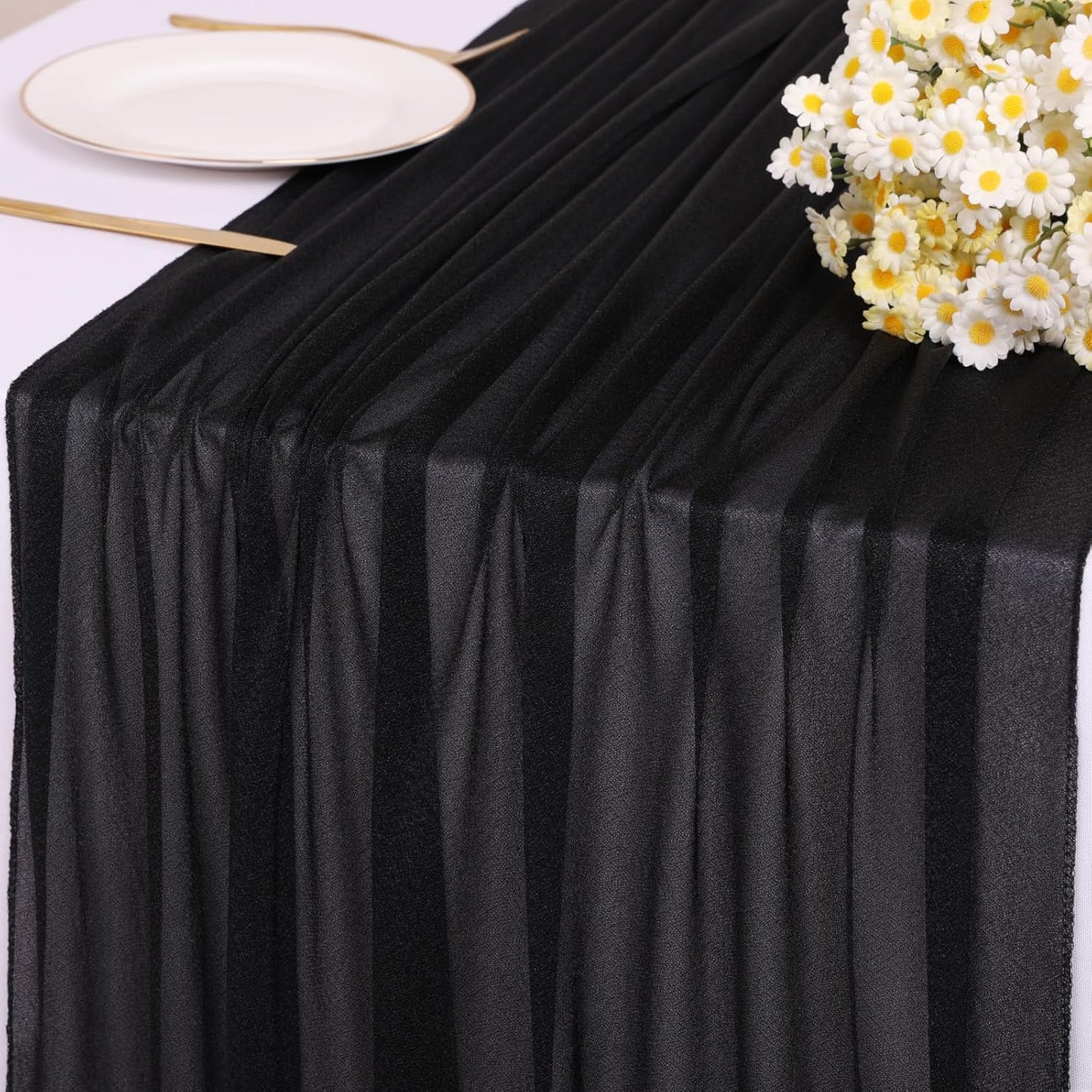 10ft Black Chiffon Table Runner 30 x 120 Inches Sheer Long Tulle Table Runner for Rustic Boho Wedding Birthday Party Decor Bridal Baby Shower Decorations