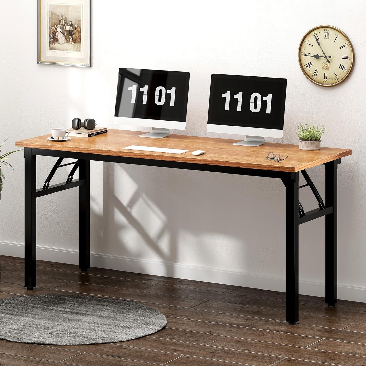 Need Folding Desk, 54 inch Large Computer Desk for Home Office, No Install Needed Study Student Writing Table Desk Workstation, Teak Black