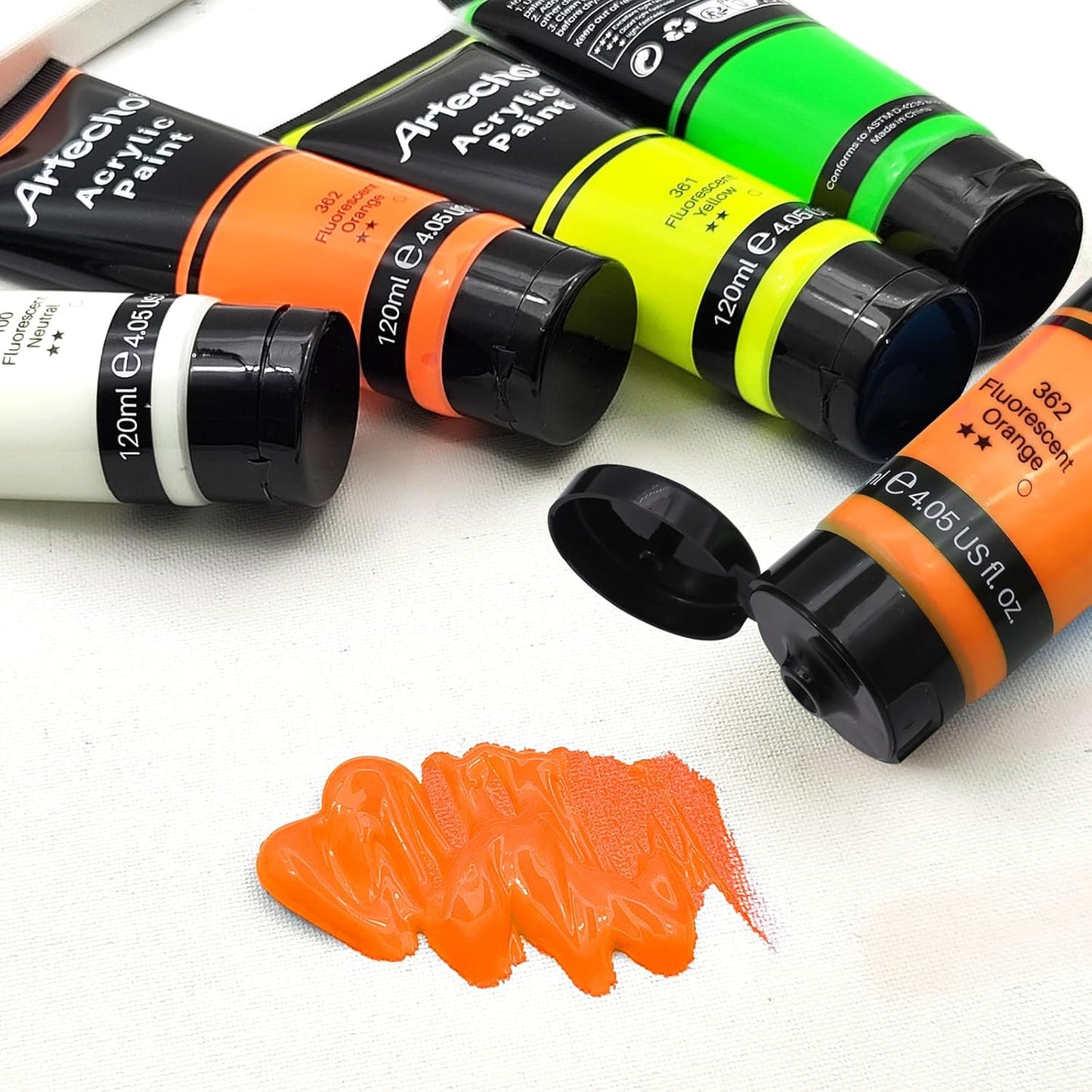 Artecho Glow in the Dark Paint, Neon Orange Paint (120ml / 4.05oz) Tubes, Art Craft Paints for Canvas, Rock, Stone, Wood, Fabric, Art Supplies