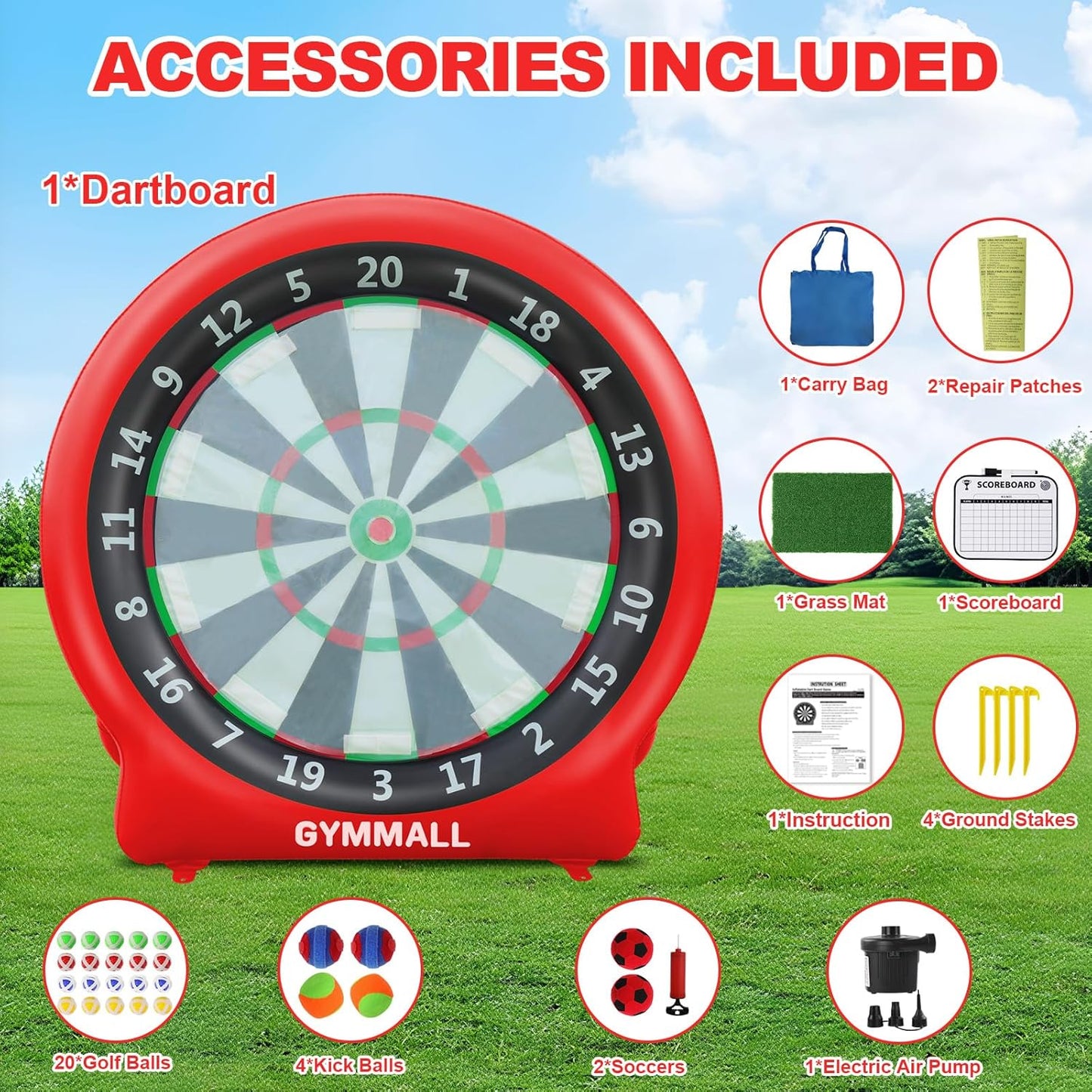 Giant Dart Board Inflatable with Pump, Outdoor and Indoor Soccer Sport Kick Dartboard for Kids and Adults, Waterproof Darts Board Yard Game with 20 Golf Balls, 4 Sticky Balls, 2 Soccers