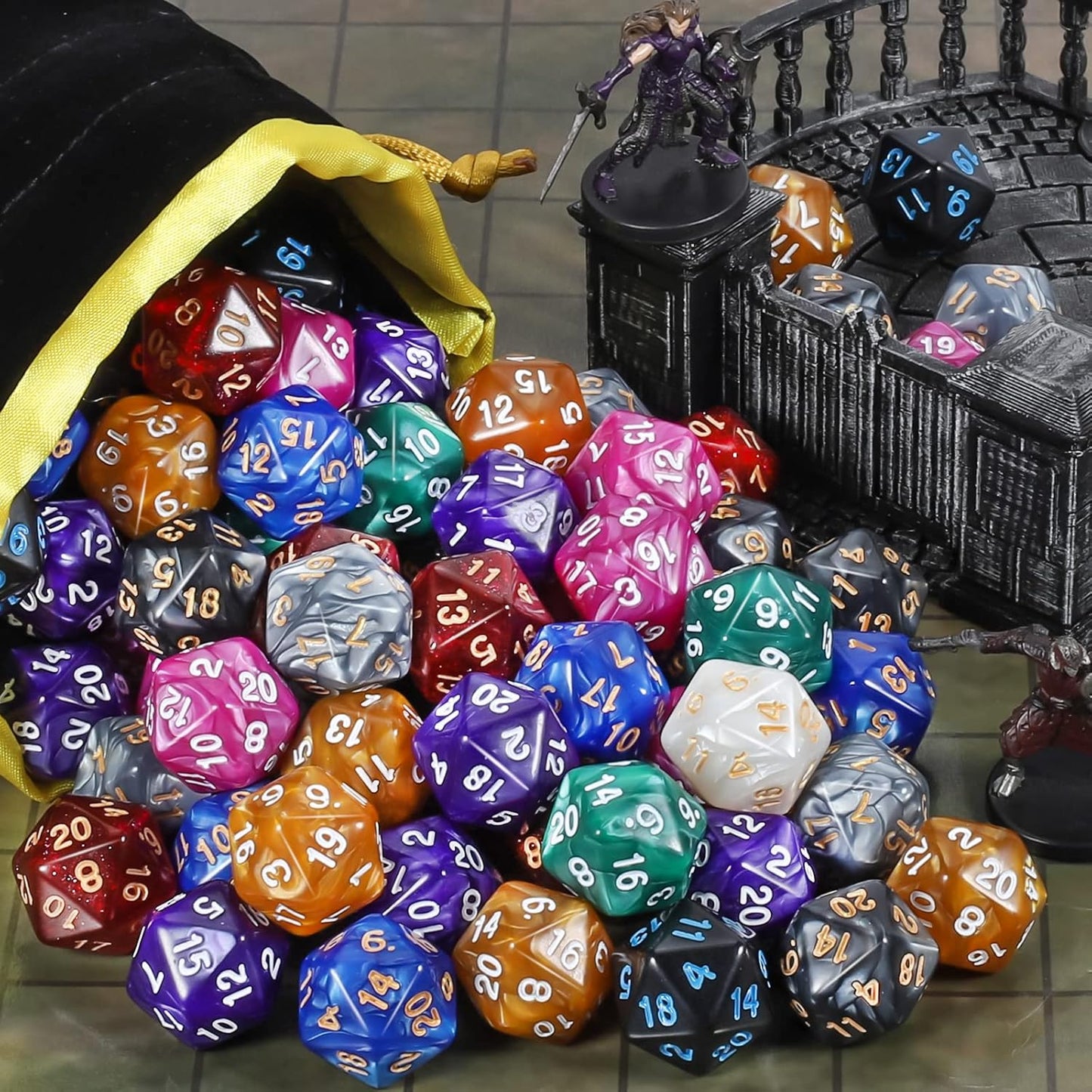CiaraQ DND Polyhedral Dice (100pcs) with A Dice Bag Compatible with Dungeons and Dragons DND RPG MTG Role Playing Table Games (D20 dice, 10 colors-100 pcs)