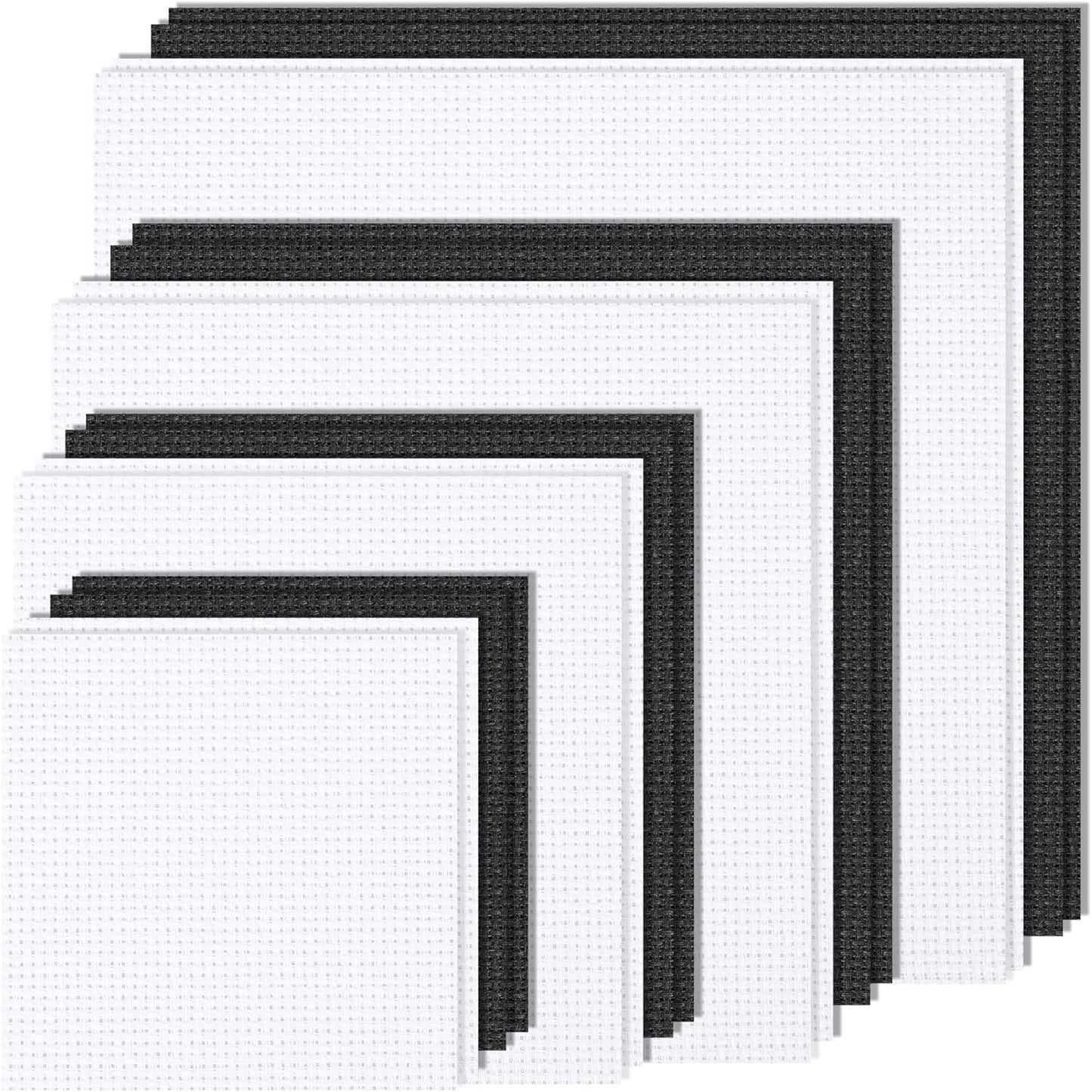 MYFAMIREA 16PCS Cross Stitch Fabric, 4 Sizes Aida Cloth 14 Count White and Black Craft Embroidery Cloth Classic Reserve Cross Stitch for Home DIY Needlework Embroidery Decoration, 5.9 to 11.8inch