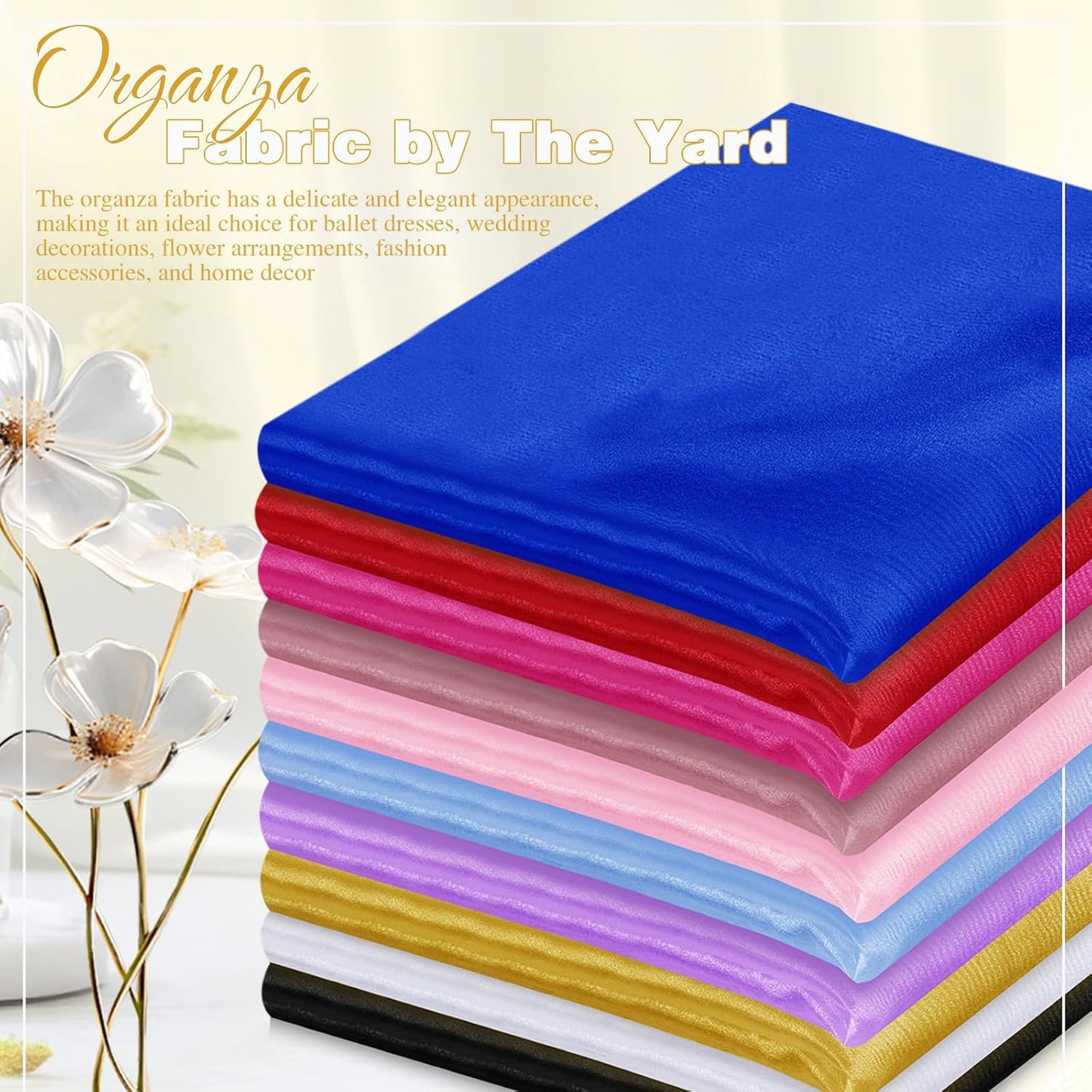 VACVELT Sheer Organza Fabric by The Yard, 60 Inch Wide Gold Organza Fabric Bolt Bridal Sheer Tulle Fabric, Silk Organza Fabric Roll for Wedding Party Decorations Backdrop Curtain (10 Yards)