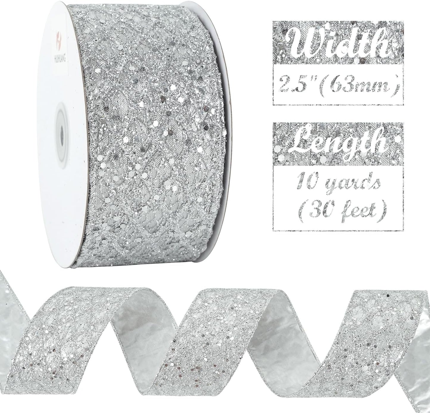 HUIHUANG Silver Glitter Wired Ribbon for Christmas Tree 2.5 inch Silver Diamond Mesh Ribbon for Tree Decoration, Wreaths, Garland, Gift Wrapping, Large Bows Making, Home Decor -10 Yards