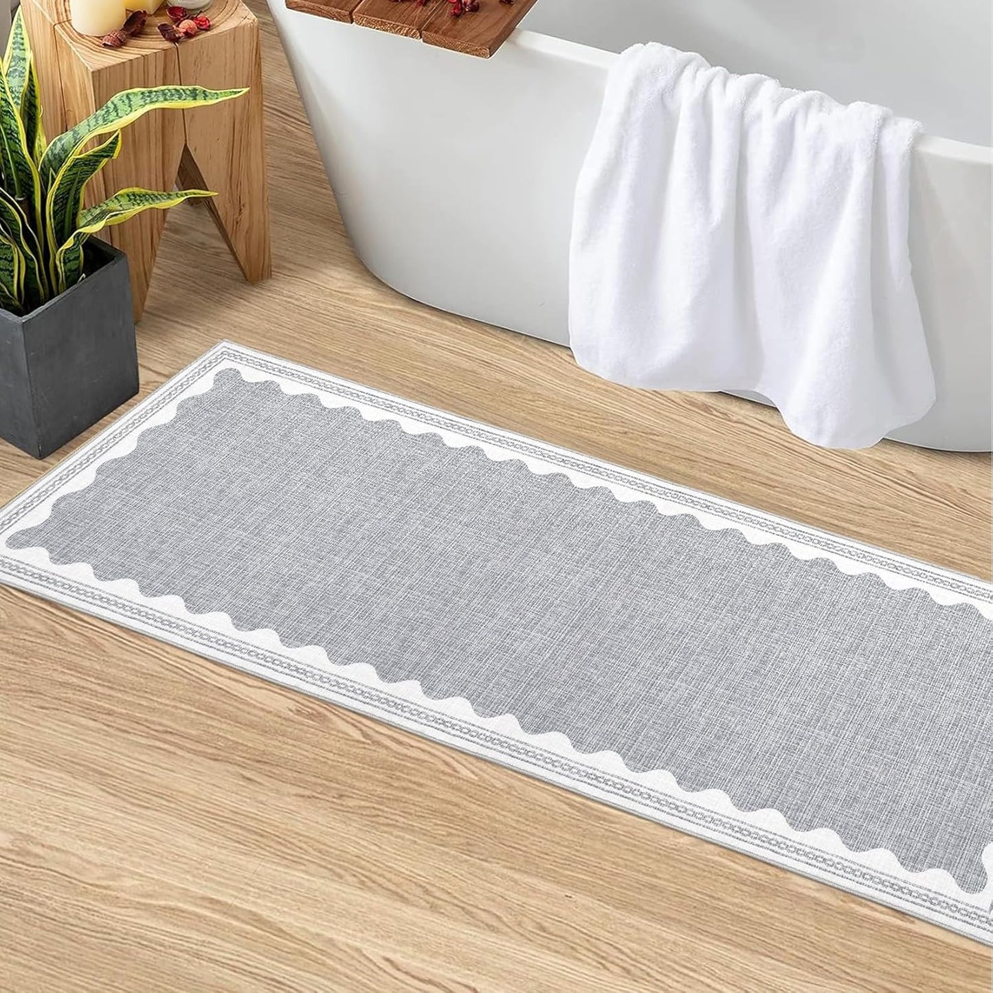 Scalloped Rug 2x6 Runners for Hallways, Solid Grey Runner Rugs Non Slip Scalloped Bath Runner, Washable Rug for Bedroom Girls, Mat for Kitchen Floor Soft Dorm Nursery Carpet for Bedside