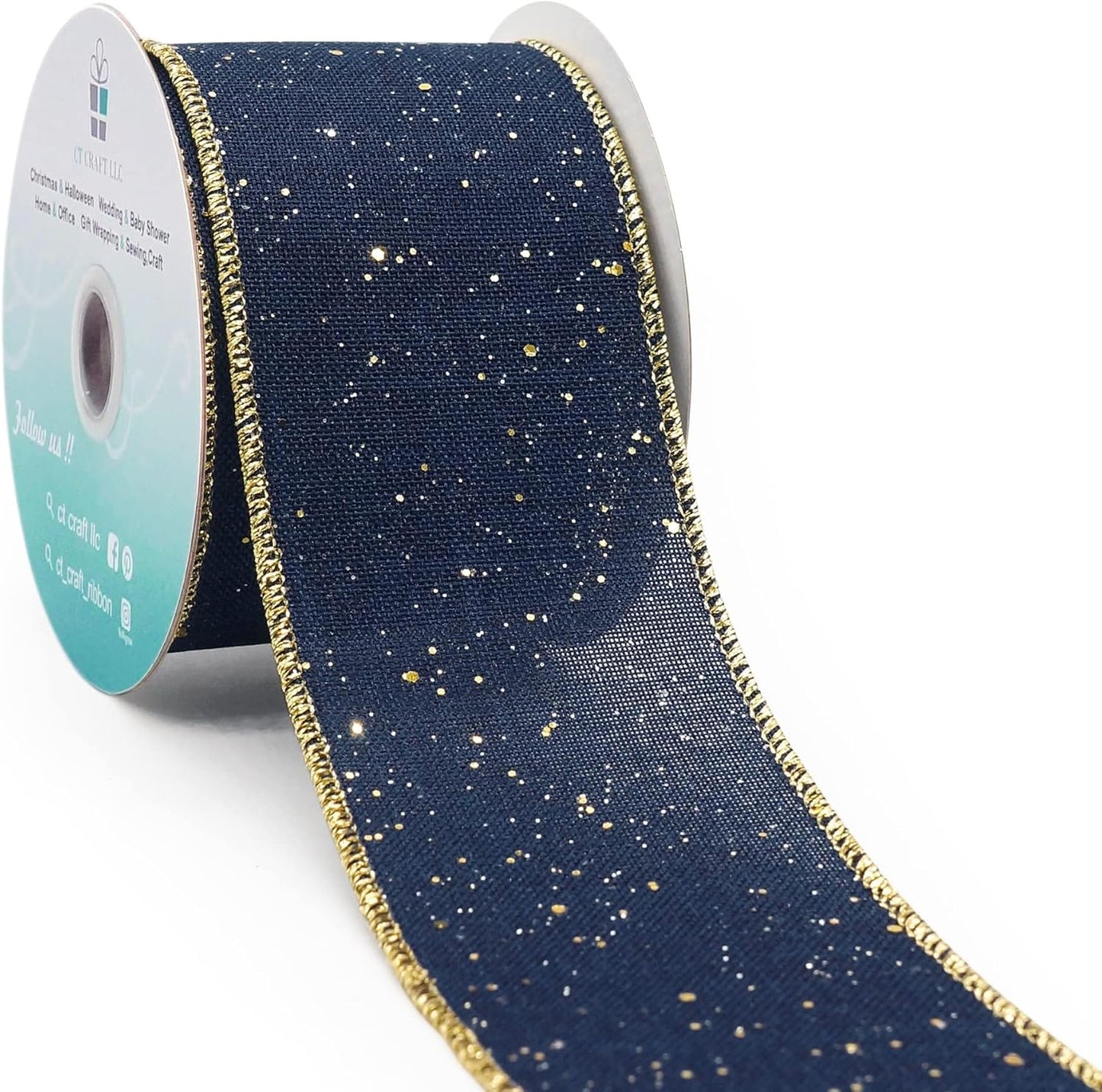 CT CRAFT LLC Blue Burlap Fabric Confetti Glitter Wired Ribbon 2.5" x 10 Yards Navy Color for Christmas Home Wedding Decor Gift Wrapping Tree Topper Bow Wreath Bouquet DIY Crafts