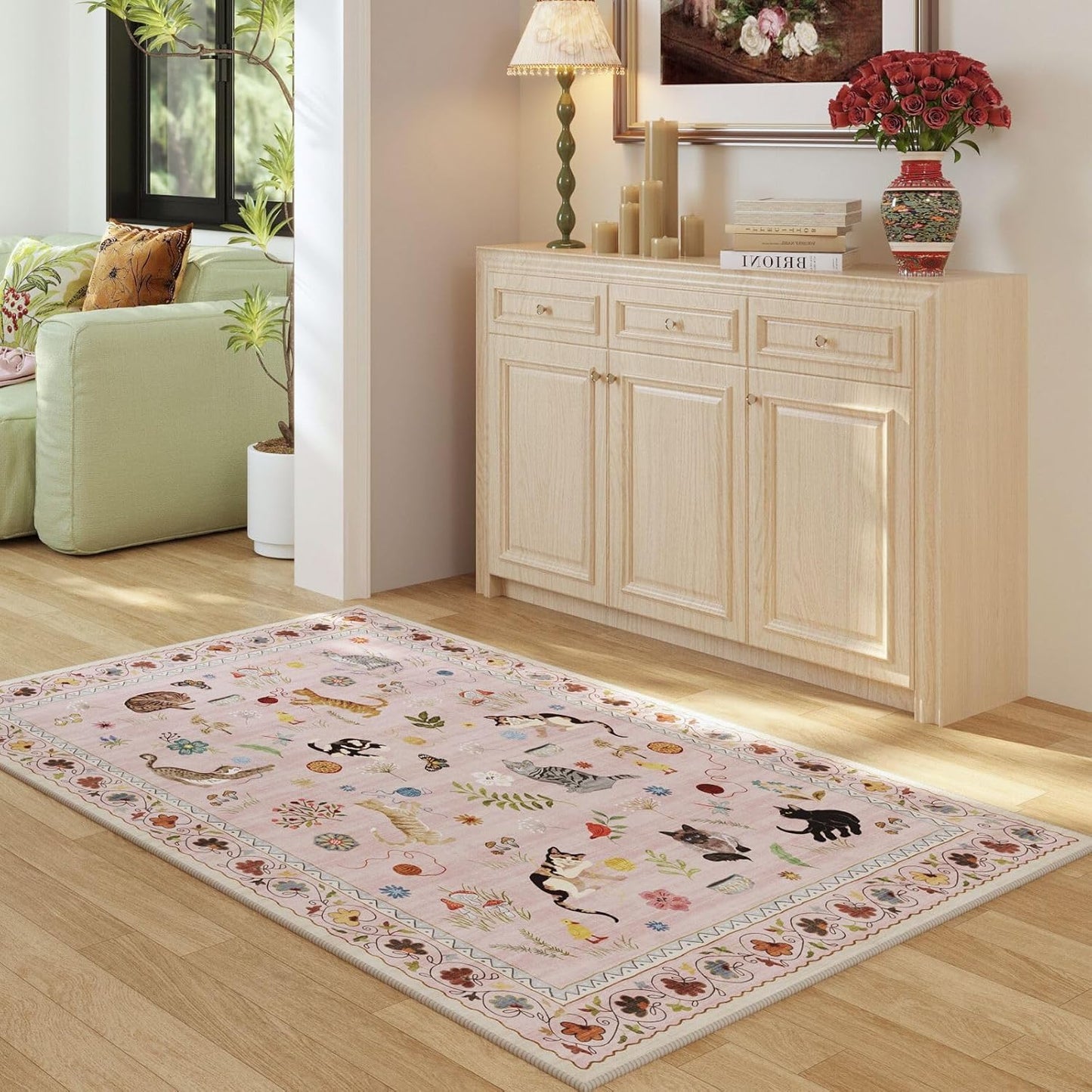 Rugcomf Bedroom Rug 3x5 Rug Washable Area Rug Non Slip Low Pile Boho Floral Animal Cat Small Carpet for Bedroom Bedside Kitchen Entryway Kids Room Office College Dorm Essentials for Girls, Pink