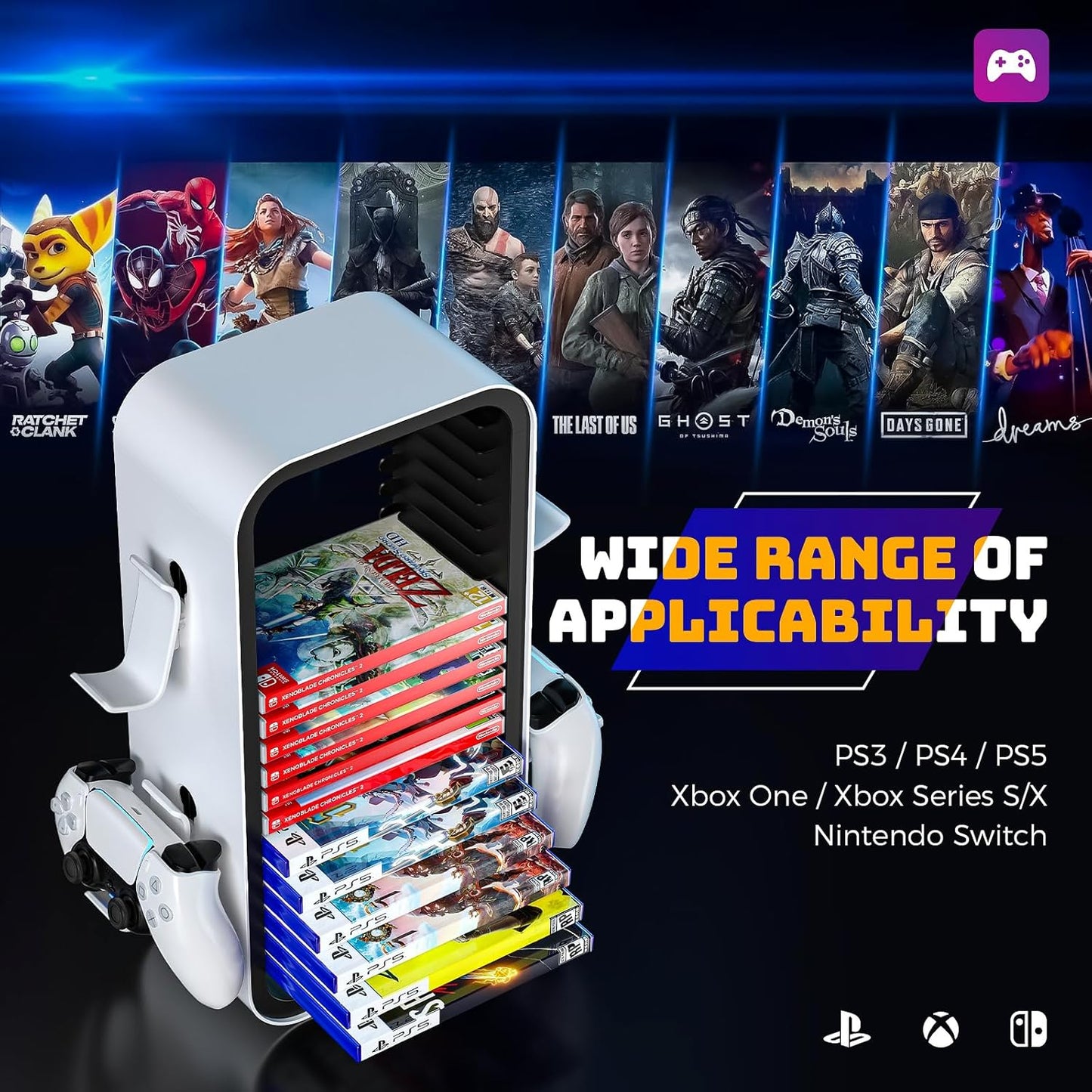 Allnice Universal Game Rack - Stores 19 Games, 4 Controller Holders, Organizes PS5/PS4/Xbox One/360/Series X/S/Switch & More