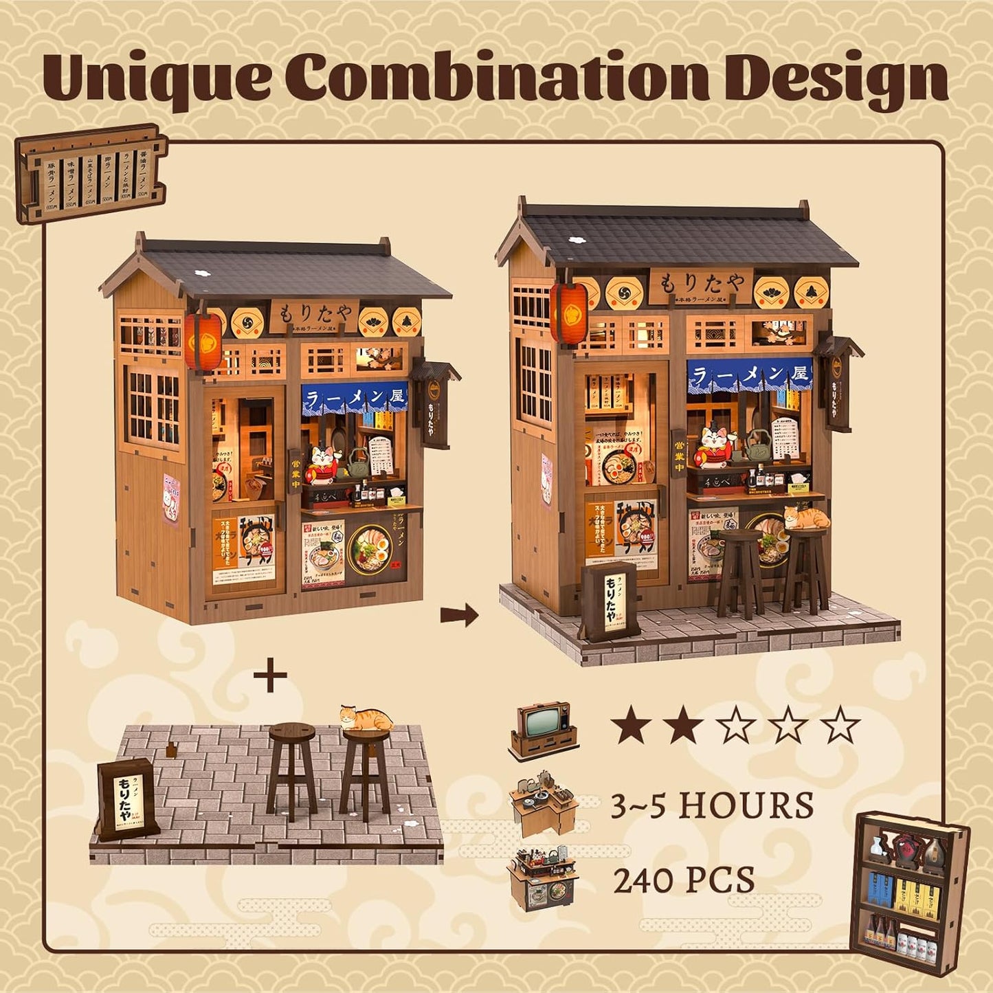 Fsolis Japanese Book Nook Kit - DIY Miniature Scene House Kit, 3D Puzzles for Adults, 220 Wooden Pieces, Tiny House Mini Booknook Craft Shelf Decor, Gifts for Women Model Lovers (Morita-Ya Ramen)