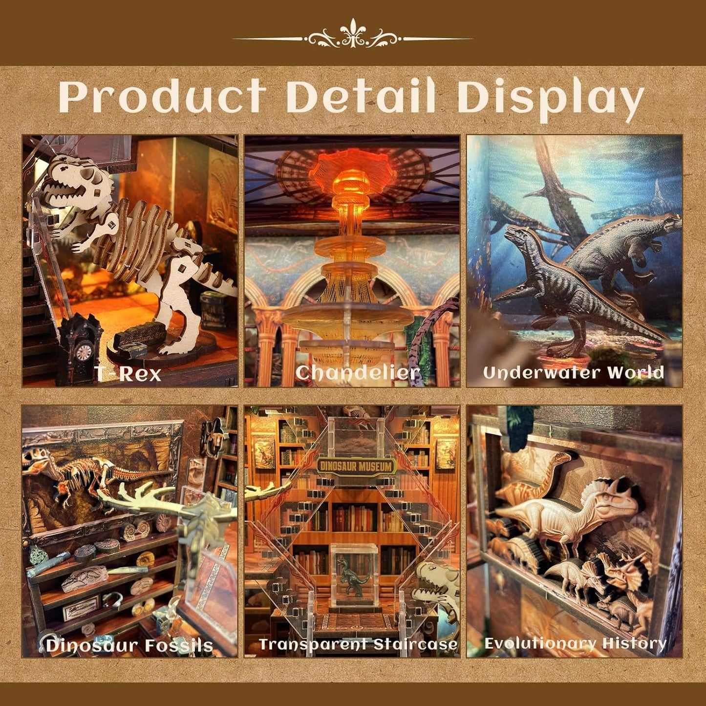 Book Nook Kit - DIY 3D Wooden Puzzle Miniature House with LED Lights - Creative Crafts for Adults - Bookshelf Insert Decor - Educational Gift for Family & Friends（Dinosaur Museum）