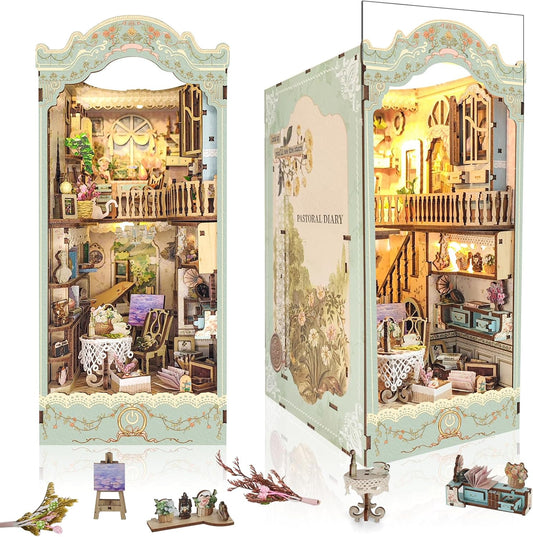 DIY Book Nook Kit,Dollhouse Booknook Bookshelf Insert Decor,3D Wooden Puzzles with LED Dust Cover,Book Nook Miniature Kit,Birthday Halloween Home Decor for Teens Adult-Countryside Diary