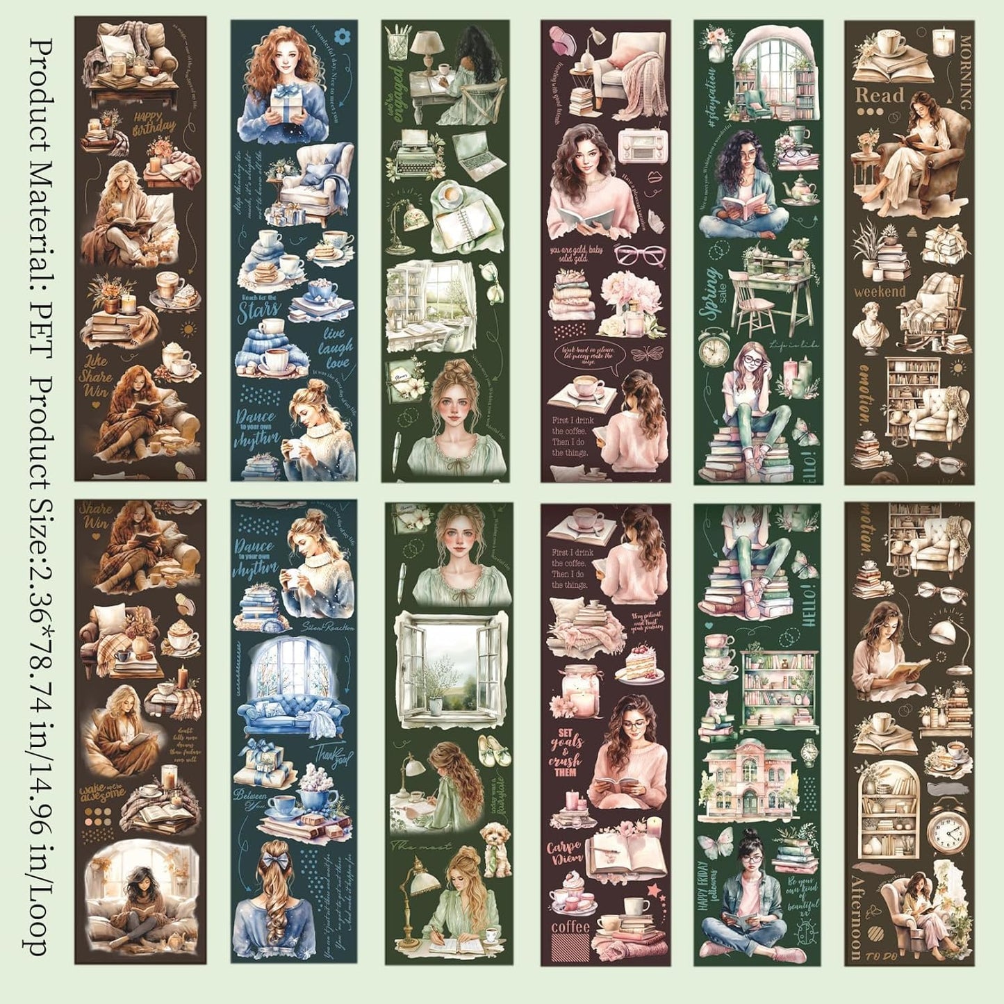 6 Rolls PET Tape Set for Junk Journal,Reading Theme Scrapbook Tape Stickers for Journaling Supplies,Scrapbook Supplies,Album,DIY Craft(Reading)