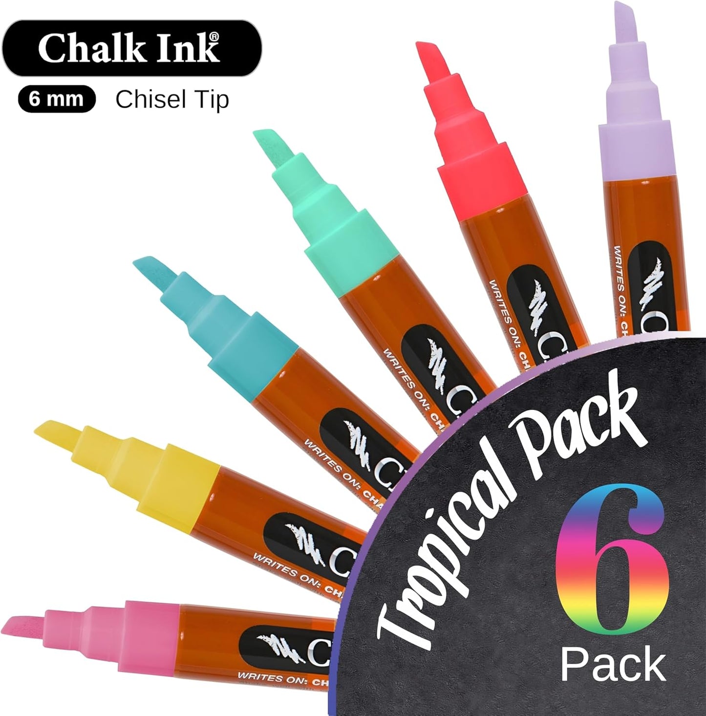 Chalk Ink Chisel Tip Wet Wipe Chalk Markers (6mm, Tropical, 6 Pack)