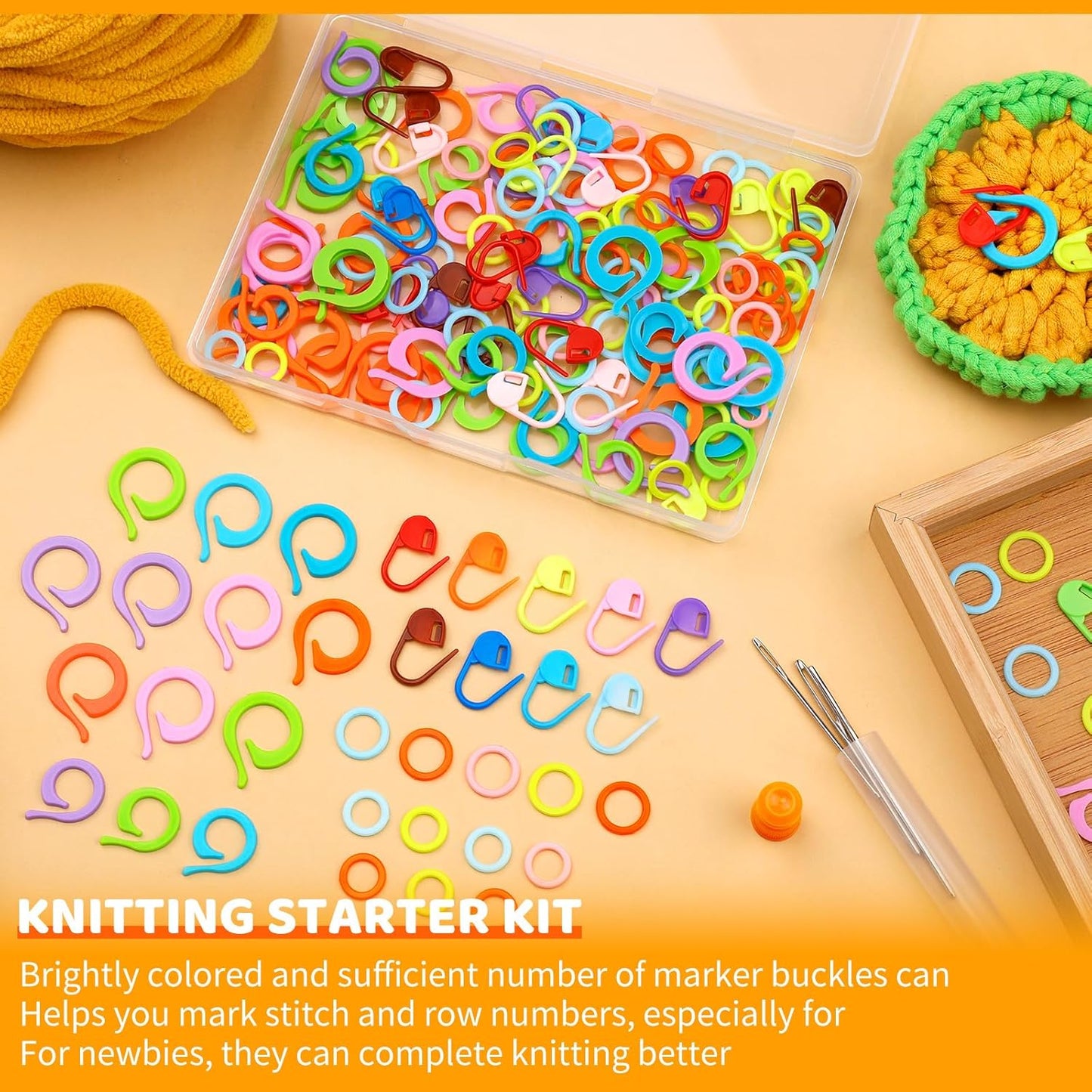 Yizzvb 263 Pcs Stitch Ring Markers, Knitting Stitch Rings with Plastic Box, 3 Types Knit Counting Ring Crochet Sewing Locking Accessories and 3 Pcs Large-Eye Blunt Needles for DIY Handmade Crafts