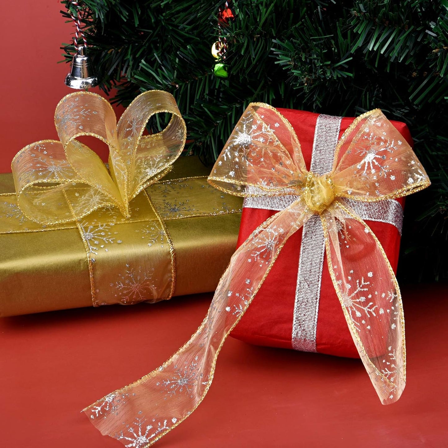 2.5 Inch Wide Christmas Wired Ribbon Snowflake Organza Sheer Glitter Ribbon for Xmas Tree, Wreath, Party Decoration, Gift Wrapping (Golden, 21.9 Yards)